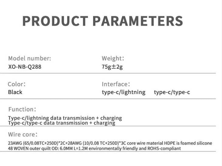 XO NB-Q288B Καλώδιο Κράμα Ψευδαργύρου Type-c σε Type-c 60W
