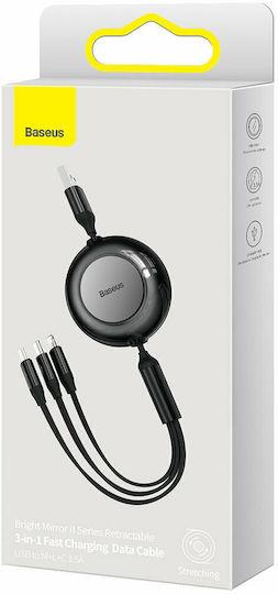 BASEUS BRIGHT MIRROR 2 SERIES, 3 ΣΕ 1, RETRACTABLE, TYPE-C + MICRO USB + LIGHTNING, 3.5A, 1.1M, ΜΑΥΡΟ