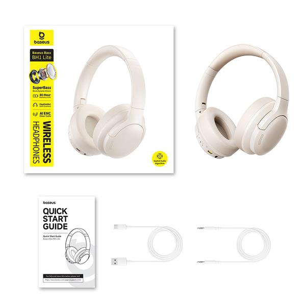 BASEUS BASS BH1 LITE, ΑΣΥΡΜΑΤΑ HEADPHONES, ΛΕΥΚΑ