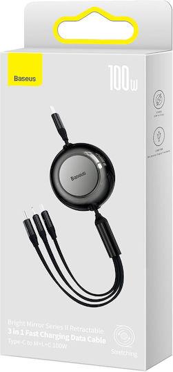 BASEUS BRIGHT MIRROR 2 SERIES, 3 ΣΕ 1, RETRACTABLE, TYPE-C + MICRO USB + LIGHTNING, 100w, 1.1m, ΜΑΥΡΟ