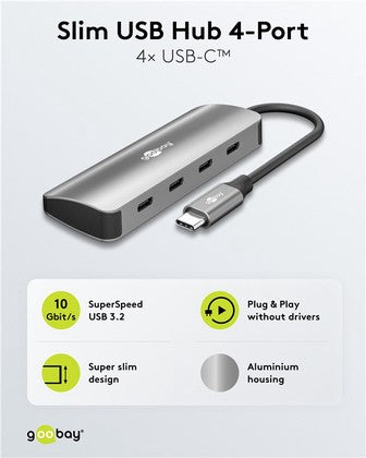 GOOBAY USB hub 76565, 4x θυρών, USB 3.2, 10Gbps, USB-C σύνδεση, γκρι
