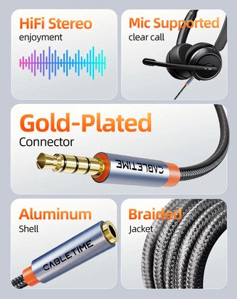 CABLETIME καλώδιο προέκτασης ήχου 3.5mm CT-AE35M, gold plated, 3m, μαύρο
