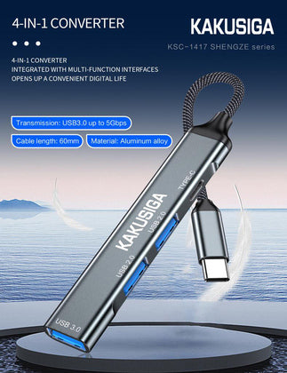 KAKUSIGA USB hub KSC-1417, 4x θυρών, USB 3.0, 5Gbps, USB-C σύνδεση, γκρι