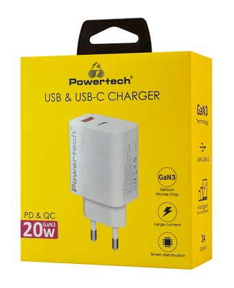 POWERTECH φορτιστής τοίχου PT-1437, USB/USB-C, 20W, GaN, λευκός