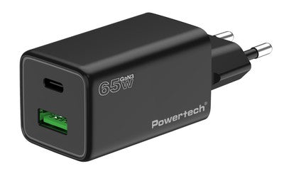 POWERTECH φορτιστής τοίχου PT-1501, USB/USB-C, 65W, GaN, μαύρος