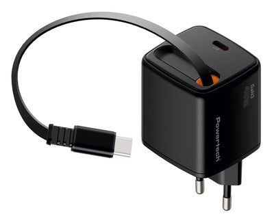 POWERTECH φορτιστής τοίχου PT-1572 με πτυσσόμενο καλώδιο, USB-C, 45W, GaN, μαύρος