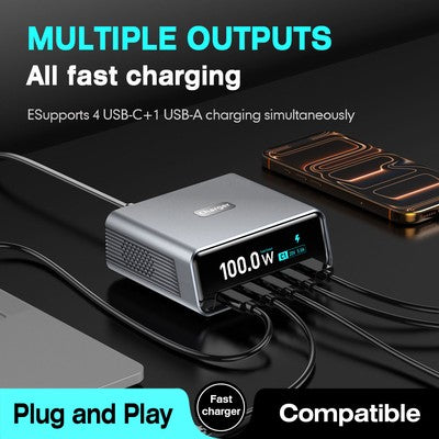 POWERTECH σταθμός φόρτισης PT-1622 με οθόνη, USB & 4x USB-C, GaN, 100W, ασημί