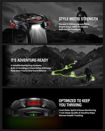 ZEBLAZE smartwatch Stratos 4 με φακό, heart rate, 1.43" AMOLED, GPS, 5 ΑΤΜ, MIL-STD-810H, μαύρο