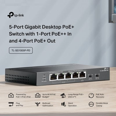 TP-LINK desktop switch TL-SG1005P-PD, 5x Gigabit θύρες, PoE+, UN/1.0