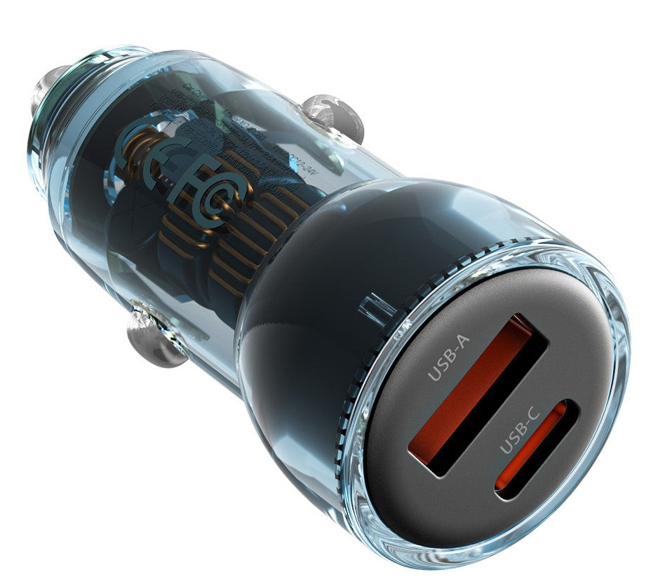 XO CC60 Smart Διαφανής Φορτιστής Αυτοκινήτου A30W+C30W/Ταυτόχρονη 60W Μπλε