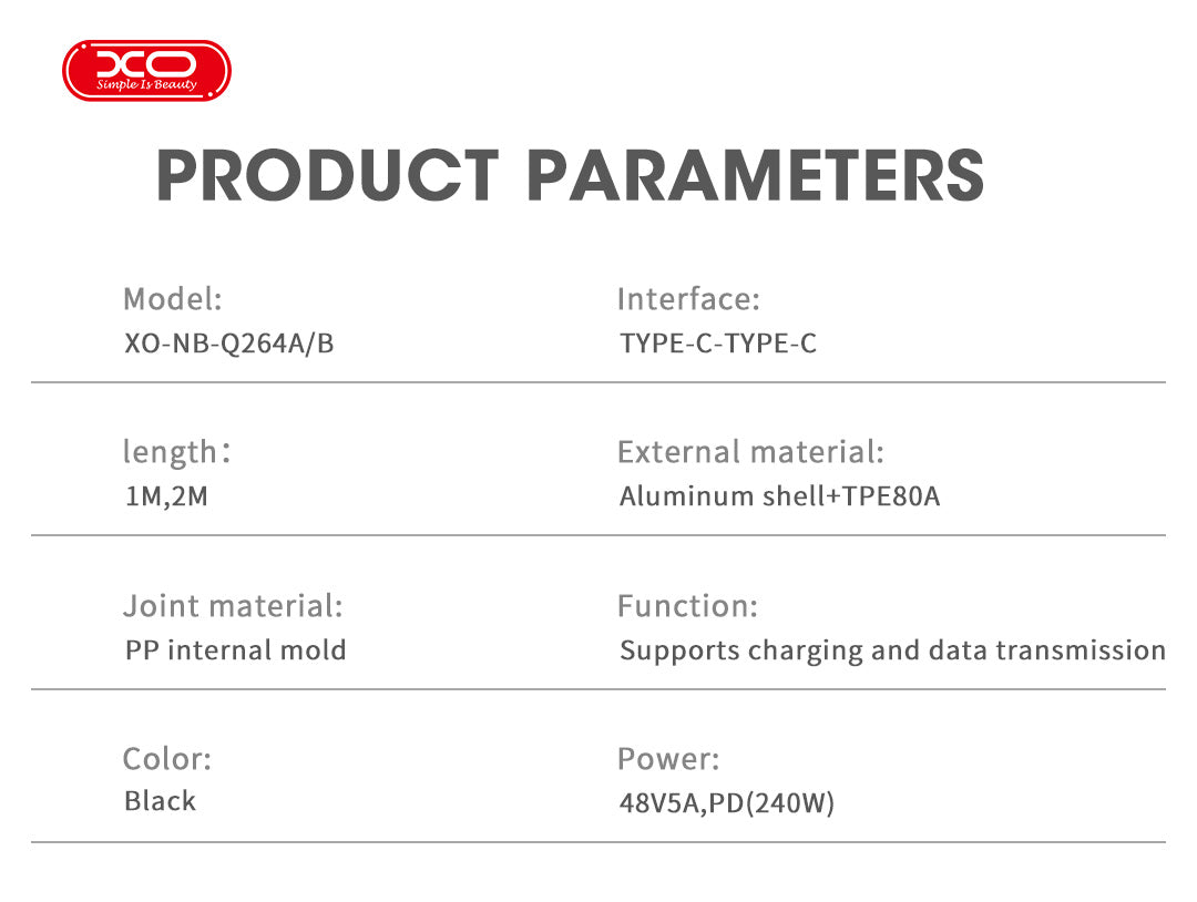 XO NB-Q264A Type-c to Type-c 240W High Power Data Cable 1m