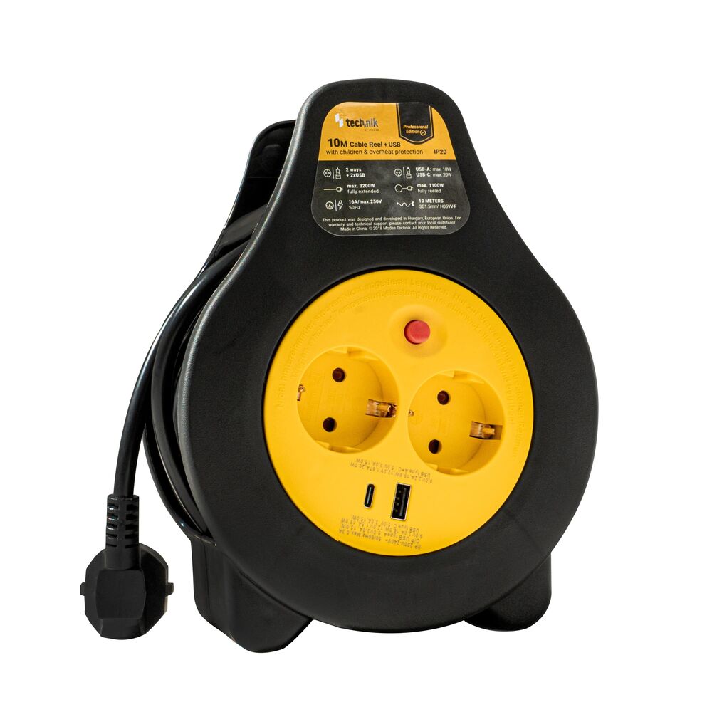 Technik Professional Στροφείο 2 Θέσεων +1 x USB-A +1 x USB-C 10m 1,5mm2 16A