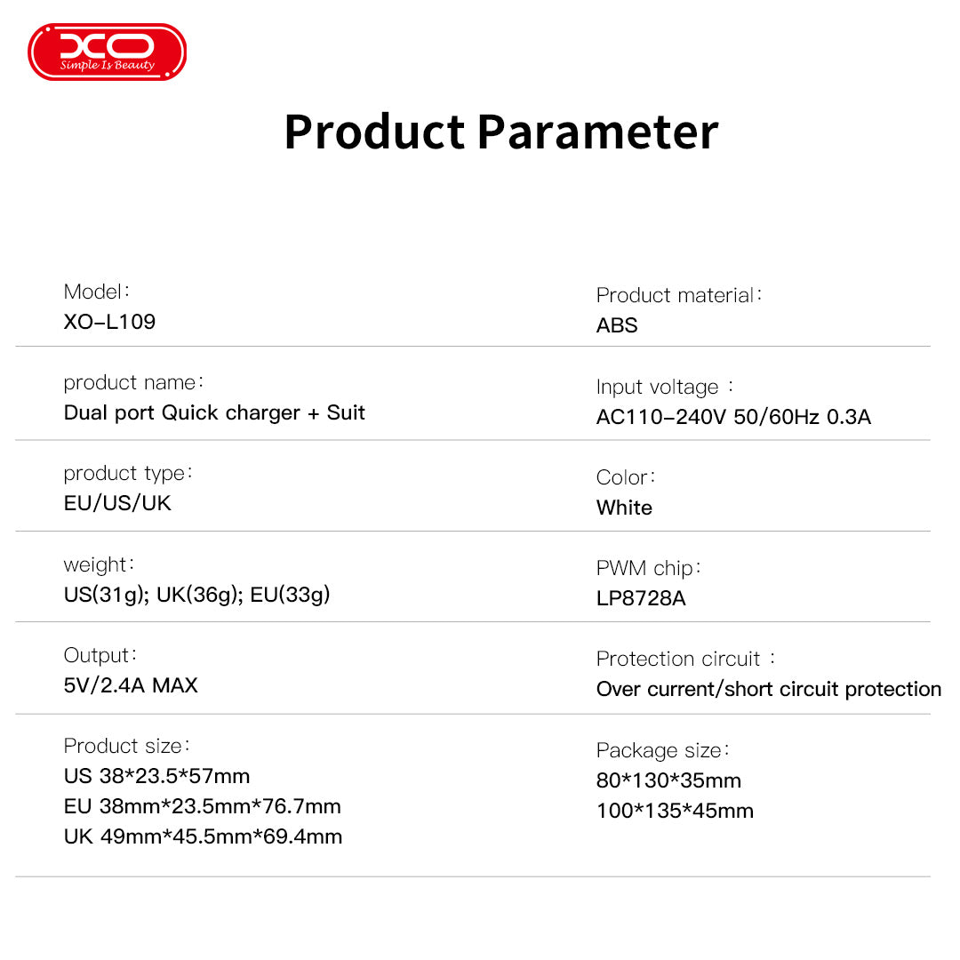 XO L109 (UK) Dual USB-A 2.4A Charger with Type-C cable