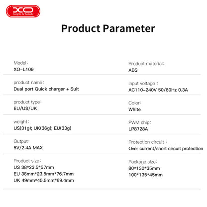 XO L109 (UK) Dual USB-A 2.4A Charger with lightning cable