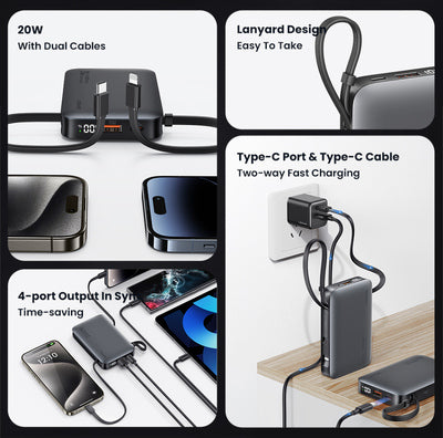 USAMS power bank CD228 με 2x καλώδια, 2x θύρες εξόδου, 10000mAh, 20W, γκρι