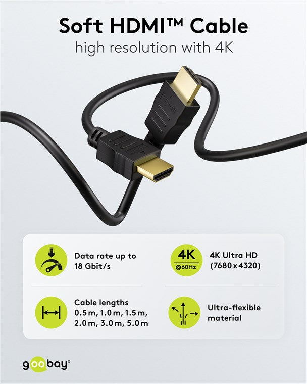 Goobay Καλώδιο HDMI Ethernet Υψηλής Ταχύτητας 4K/60Hz 18Gbit/s Μαύρο 0,5μ 80096