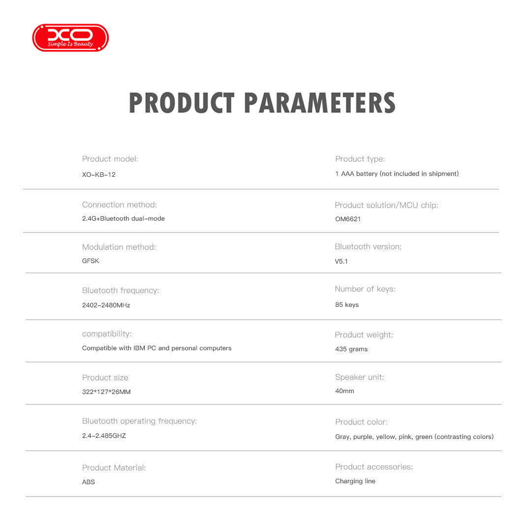 XO KB-12 Ασύρματο Πληκτρολόγιο Bluetooth Tri-Colour Μωβ