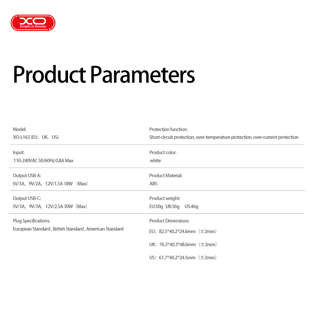 XO L163 Φορτιστής Ταχείας Φόρτισης EU PD30W/QC18W με Θύρα USB-A & USB-C