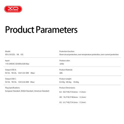 XO L163 Φορτιστής Ταχείας Φόρτισης EU PD30W/QC18W με Θύρα USB-A & USB-C