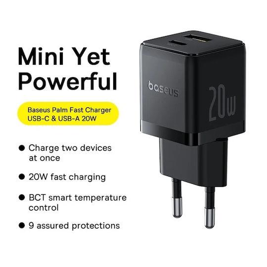 BASEUS PALM ΦΟΡΤΙΣΤΗΣ ΓΡΗΓΟΡΗΣ ΦΟΡΤΙΣΗΣ, 2 ΘΥΡΕΣ, 20W, ΜΑΥΡΟΣ