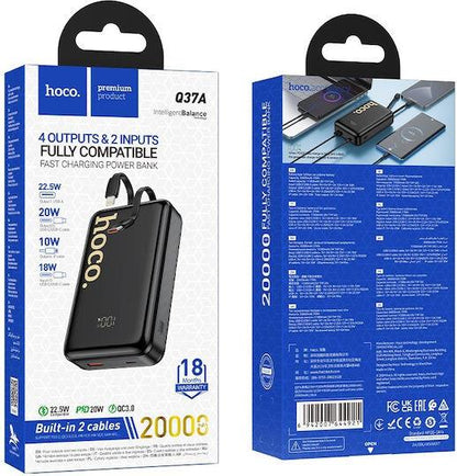 HOCO Q37A GRACEFUL, POWERBANK, 20000MAh, ΜΕ 2 ΕΝΣΩΜΑΤΩΜΕΝΑ ΚΑΛΩΔΙΑ, ΜΑΥΡΟ