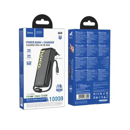 HOCO Q45 WORRIER, POWERBANK ΚΑΙ ΦΟΡΤΙΣΤΗΣ ΤΟΙΧΟΥ, 10000MAh, ΜΕ ΕΝΣΩΜΑΤΩΜΕΝΟ ΚΑΛΩΔΙΟ TYPE-C, ΜΑΥΡΟ