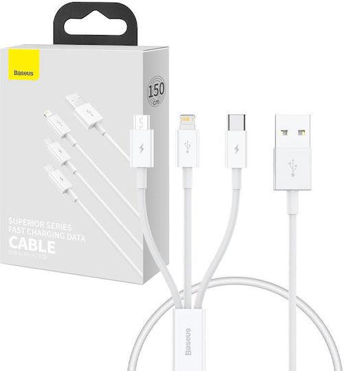 BASEUS SUPERIOR SERIES, ΚΑΛΩΔΙΟ ΓΡΗΓΟΡΗΣ ΦΟΡΤΙΣΗΣ, LIGHTNING + TYPE-C + MICRO, 0.5m, 3.5A, ΛΕΥΚΟ