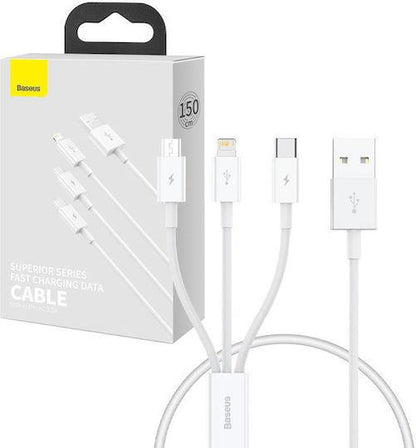 BASEUS SUPERIOR SERIES, ΚΑΛΩΔΙΟ ΓΡΗΓΟΡΗΣ ΦΟΡΤΙΣΗΣ, LIGHTNING + TYPE-C + MICRO, 0.5m, 3.5A, ΛΕΥΚΟ