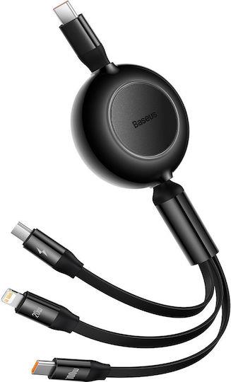BASEUS BRIGHT MIRROR 2 SERIES, 3 ΣΕ 1, RETRACTABLE, TYPE-C + MICRO USB + LIGHTNING, 100w,  1.1m, ΜΑΥΡΟ