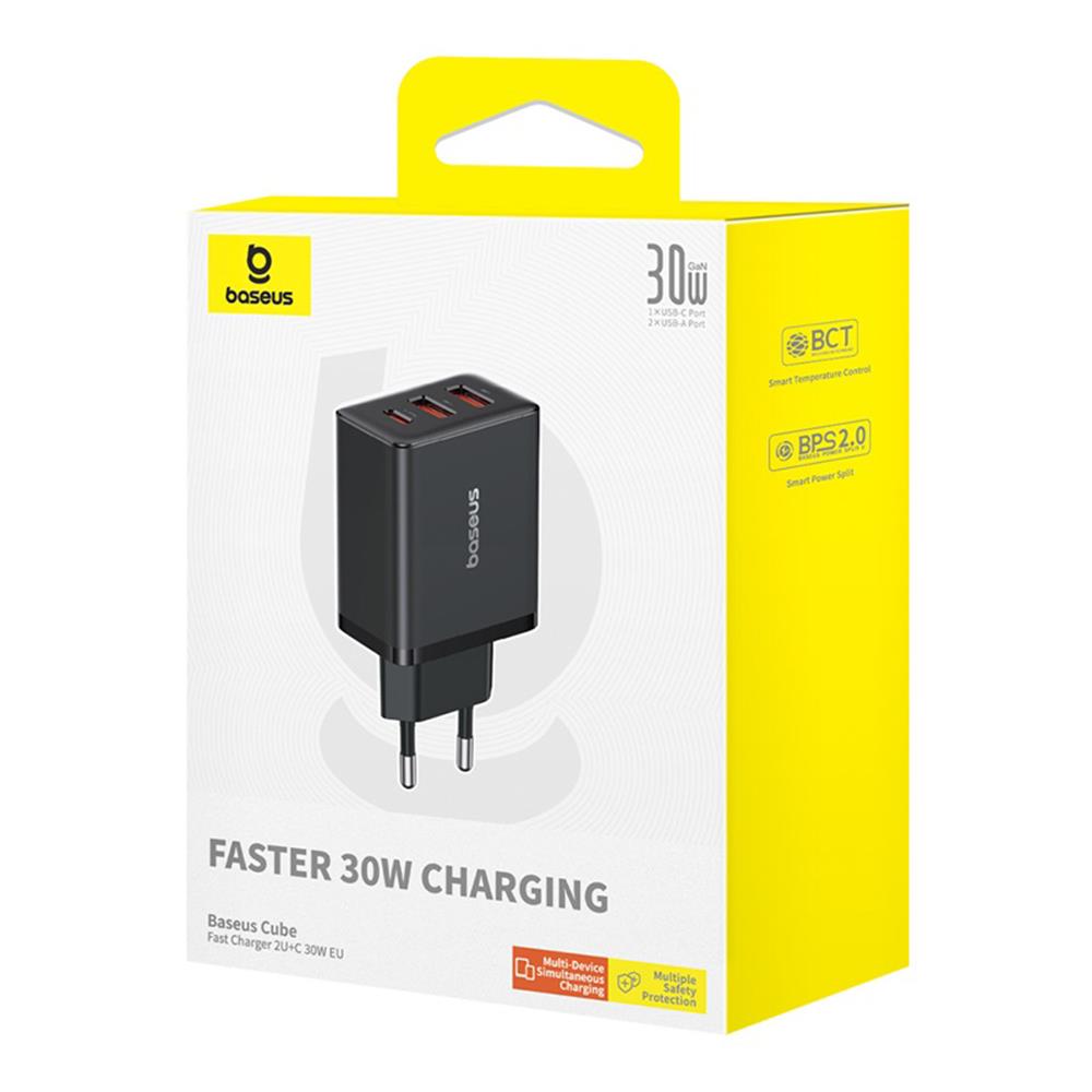 BASEUS CUBE, ΦΟΡΤΙΣΤΗΣ ΓΡΗΓΟΡΗΣ ΦΟΡΤΙΣΗΣ, 3 ΘΥΡΕΣ, 30W, ΜΑΥΡΟΣ
