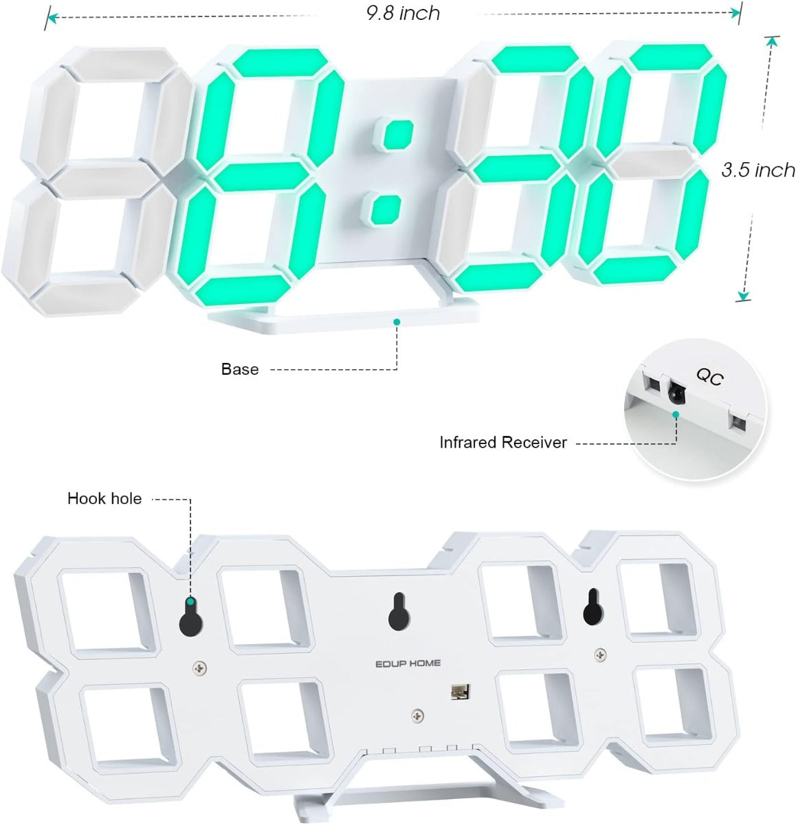 EDUP EH-LED1319 3D LED Wall Clock 9.5 Remote Control Digital Nightlight