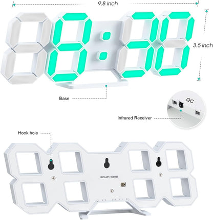 EDUP EH-LED1319 3D LED Wall Clock 9.5 Remote Control Digital Nightlight