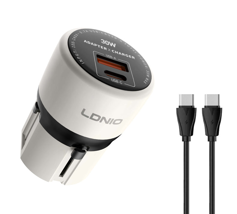 LDNIO φορτιστής τοίχου Q2319 με καλώδιο USB-C, EU/UK/US/AU βύσμα, USB/USB-C, 30W, γκρι