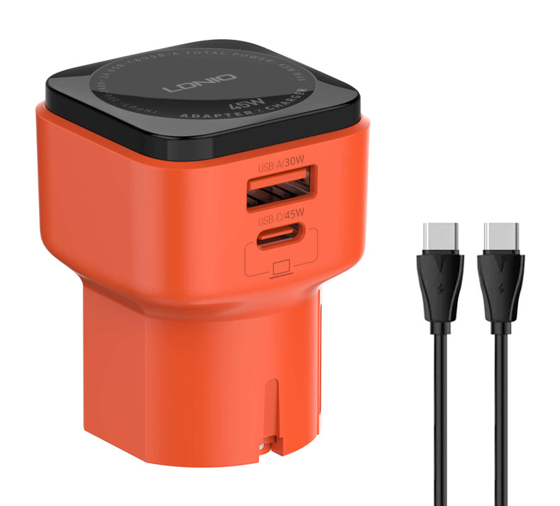 LDNIO φορτιστής τοίχου Q2420 με καλώδιο, USB/USB-C, 45W, universal πρίζα, πορτοκαλί