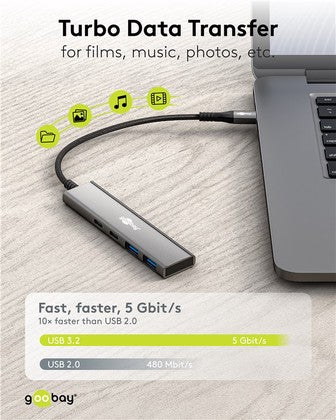 GOOBAY USB hub 76563, 4x θυρών, USB 3.2, 5Gbps, USB-C σύνδεση, γκρι