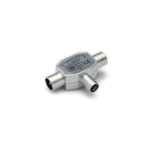 Antenna 2 way splitter, 1 x coax socket IEC 9,5mm - 2 x coax plugs IEC 9,5mm, Metal