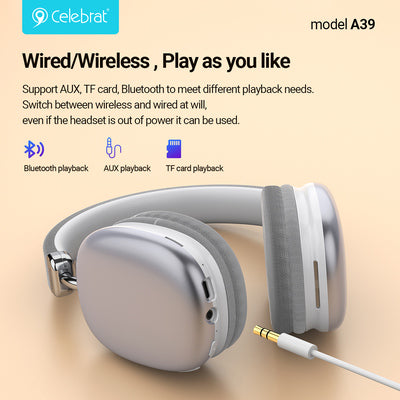 CELEBRAT headphones A39, ασύρματα & ενσύρματα, micro SD, 40mm, 400mAh, μαύρα