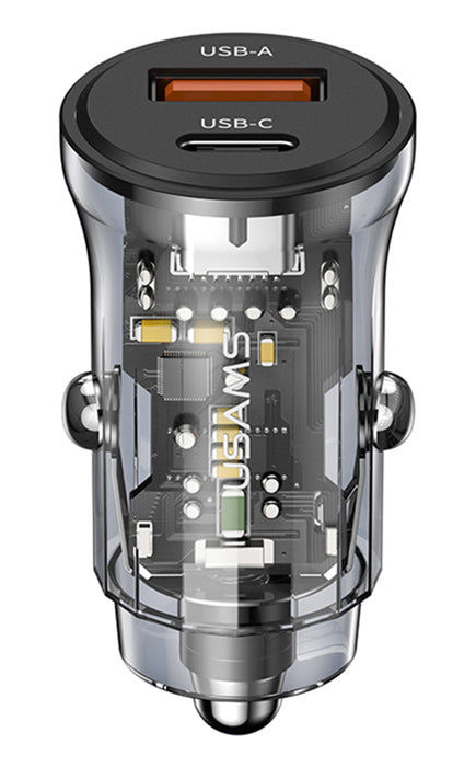 USAMS φορτιστής αυτοκινήτου US-CC164, USB & USB-C, 30W, μαύρος