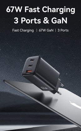 USAMS φορτιστής τοίχου CC265, USB & 2x USB-C, 67W, GaN, μαύρος