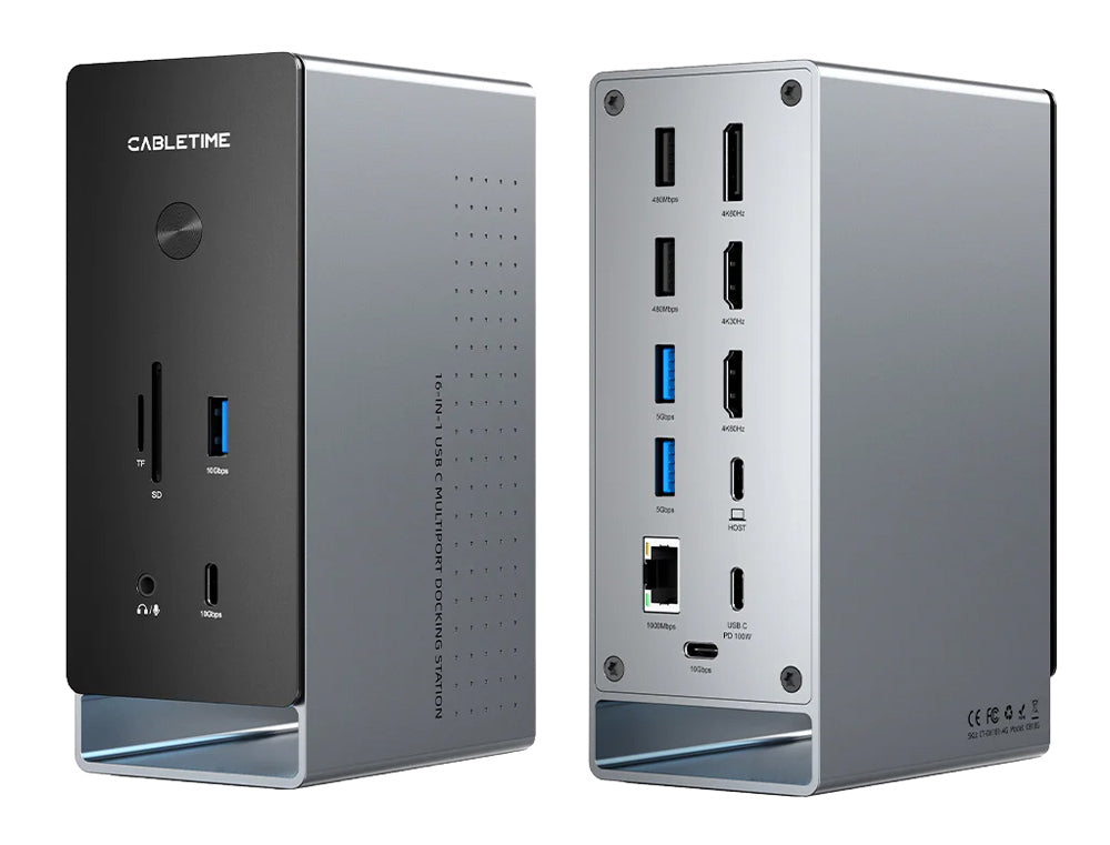 CABLETIME docking station CT-DK181-AG, 16 θυρών, USB-C σύνδεση, 100W PD, 1000Mbps, MST, γκρι