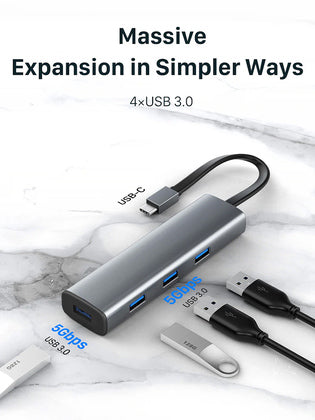 CABLETIME USB hub CT-HUBP4, 4x θυρών, 5Gbps, USB-C σύνδεση, γκρι