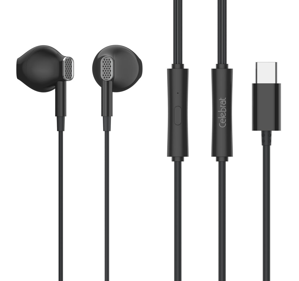 CELEBRAT earphones με μικρόφωνο D12, USB-C σύνδεση, Φ14.2mm, 1.2m, μαύρα