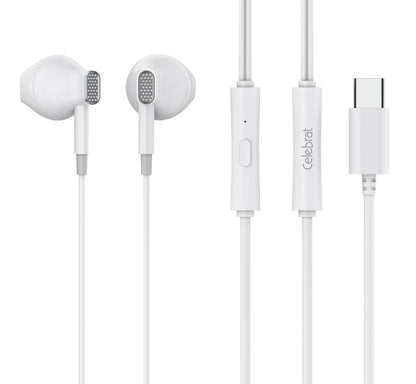CELEBRAT earphones με μικρόφωνο D12, USB-C σύνδεση, Φ14.2mm, 1.2m, λευκά