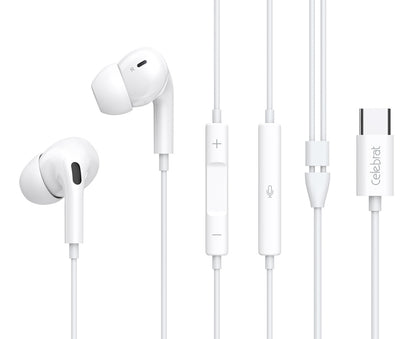 CELEBRAT earphones με μικρόφωνο E300, USB-C σύνδεση, Φ10mm, 1.2m, λευκά
