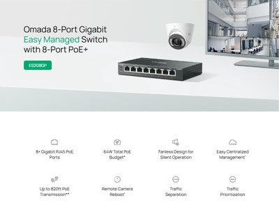 TP-LINK easy managed switch ES208GP, 8x Gigabit θύρες, PoE+, V1.0