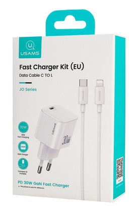 USAMS φορτιστής τοίχου CC262 με καλώδιο Lightning, 30W, GaN, λευκός