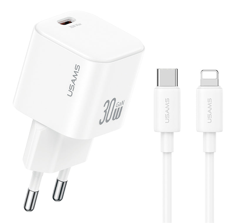 USAMS φορτιστής τοίχου CC262 με καλώδιο Lightning, 30W, GaN, λευκός