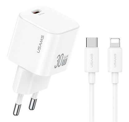 USAMS φορτιστής τοίχου CC262 με καλώδιο Lightning, 30W, GaN, λευκός