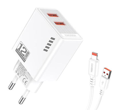 KAKUSIGA φορτιστής τοίχου KSC-1238 με καλώδιο Lightning, 2x USB, 12W, λευκός