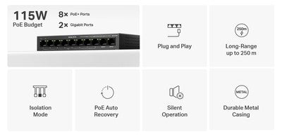MERCUSYS Desktop Switch MS110CMP, 8x 10/100Mbps PoE+, 2x Gigabit, Ver. 1.0